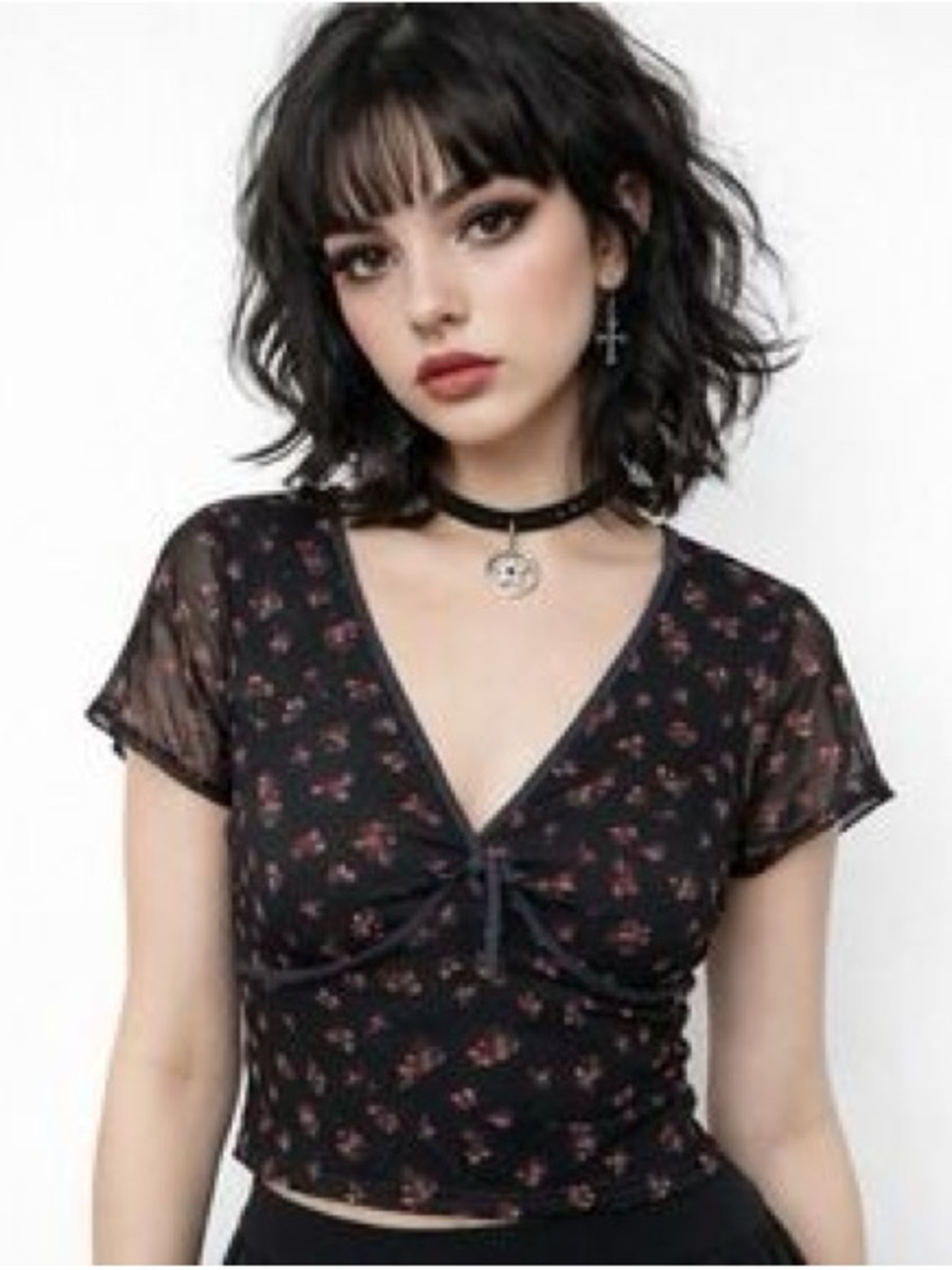 Aeropostale Sheer Black Floral Tie-Front Crop Top